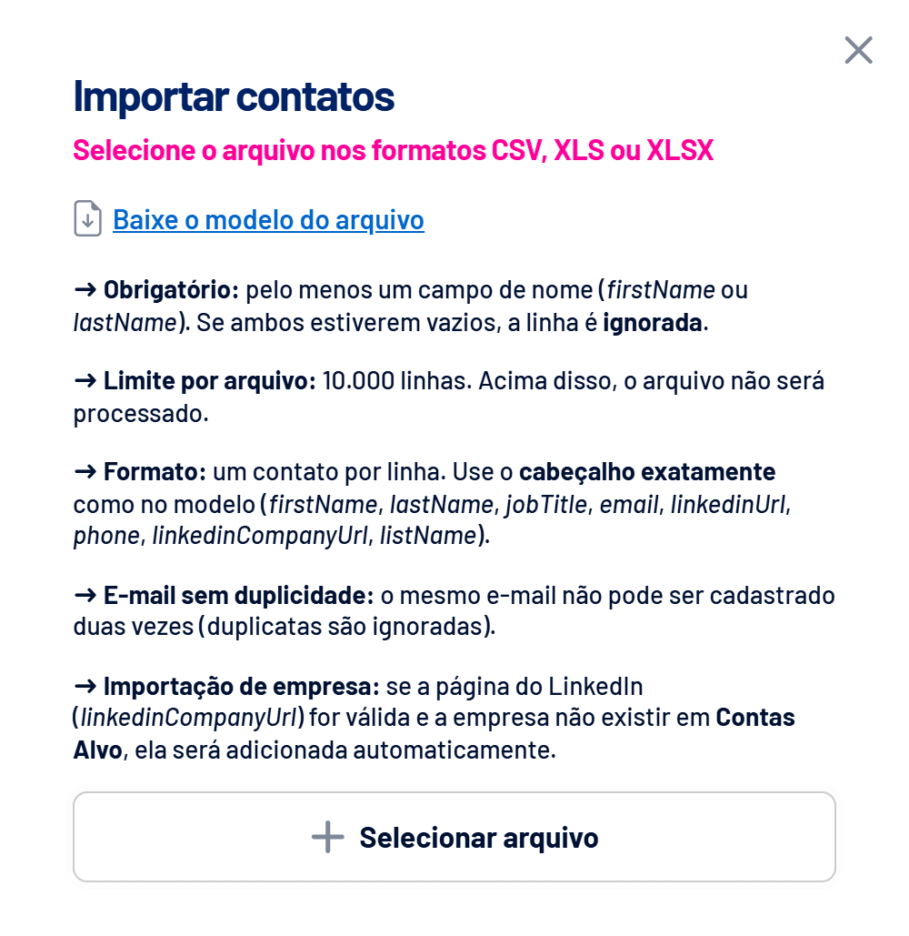 Janela Importar contatos com as regras do arquivo