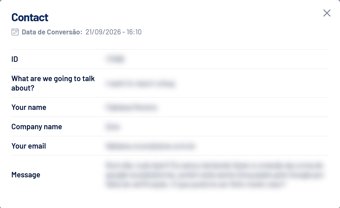 Janela com os dados da conversão de um lead (respostas ocultas)