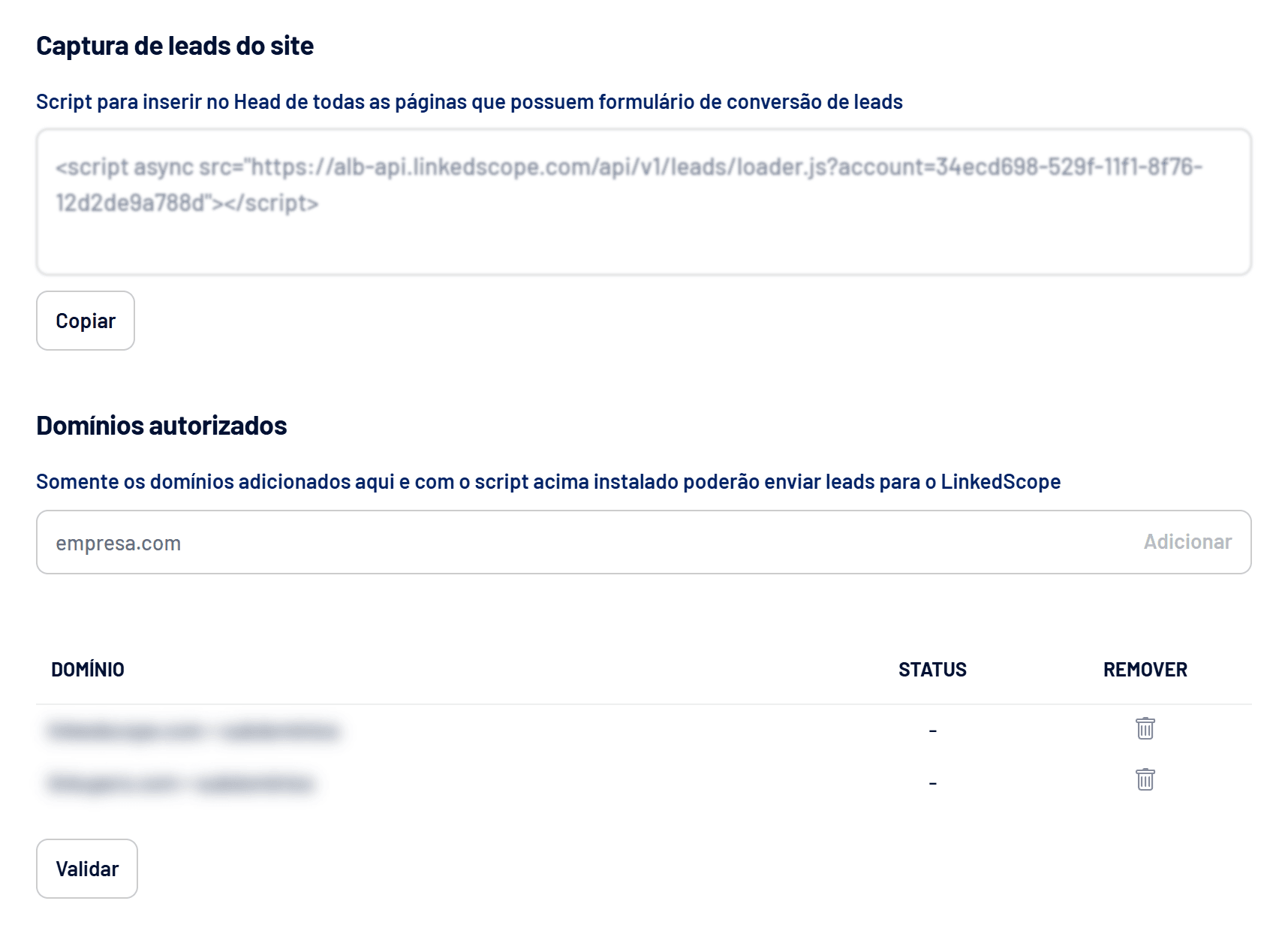 Seção Captura de leads do site com o script e os domínios autorizados