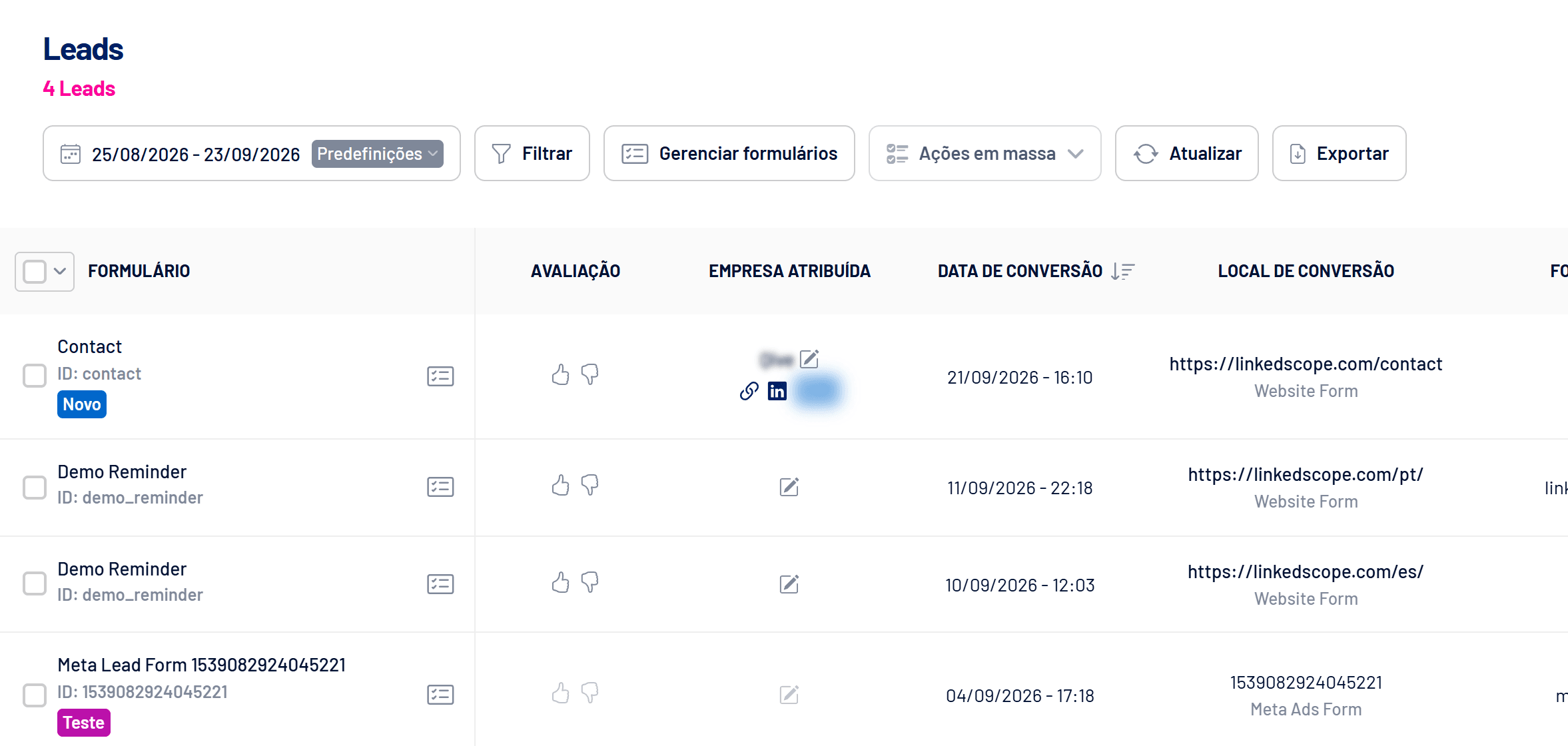 Tela Leads com formulário, avaliação, empresa atribuída e local de conversão (empresas ocultas)