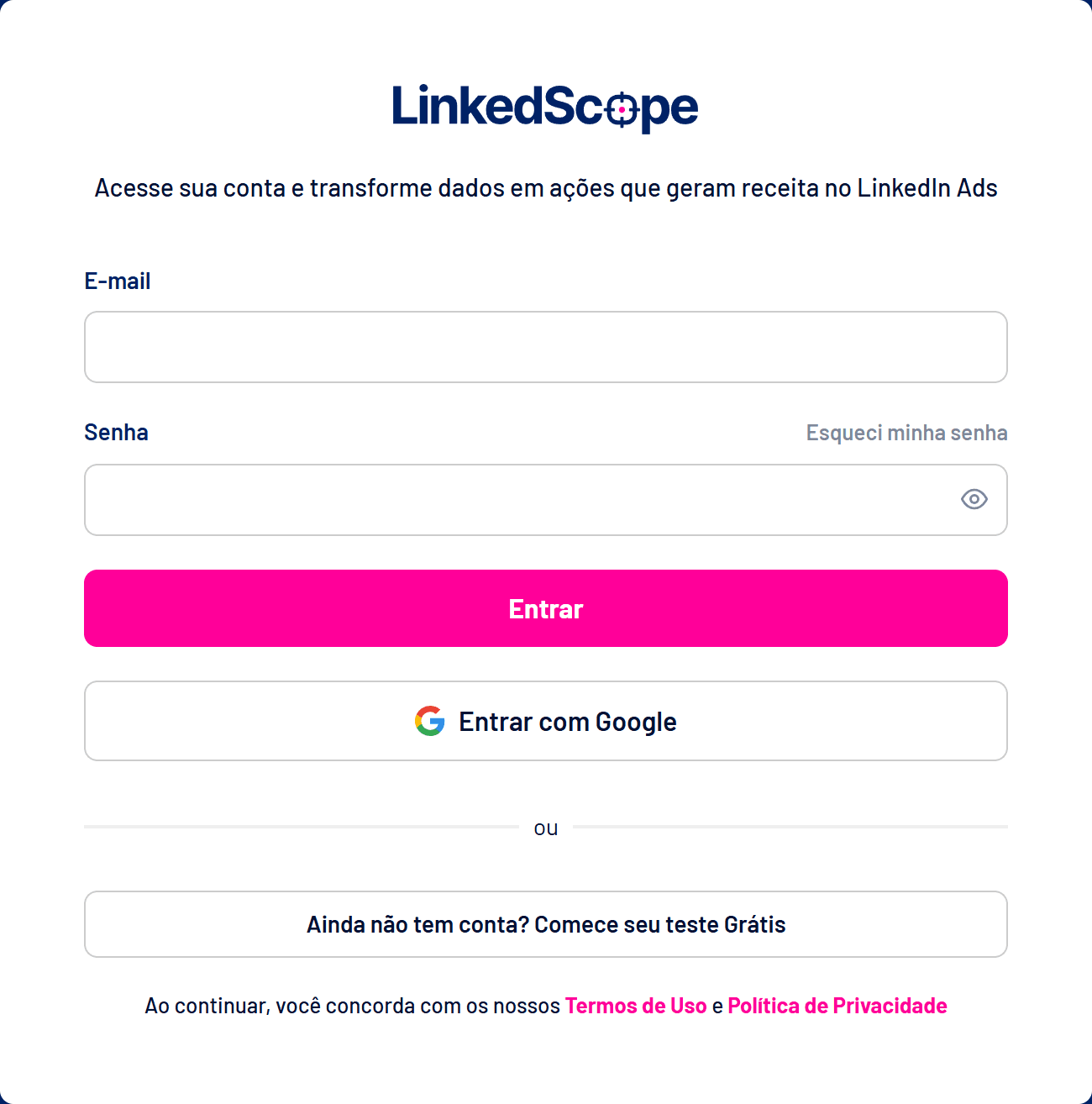 Tela de login do LinkedScope