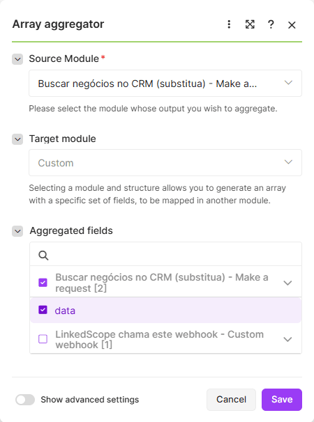 Array aggregator do Make com o módulo de busca do CRM como origem e o campo data marcado