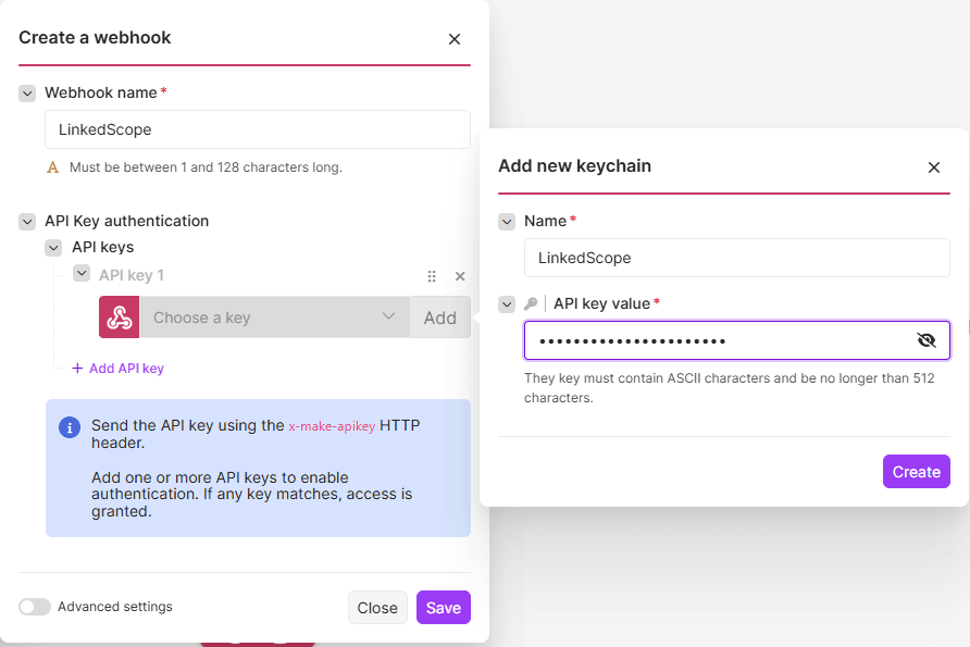 Criação do webhook no Make com API Key authentication e nova chave