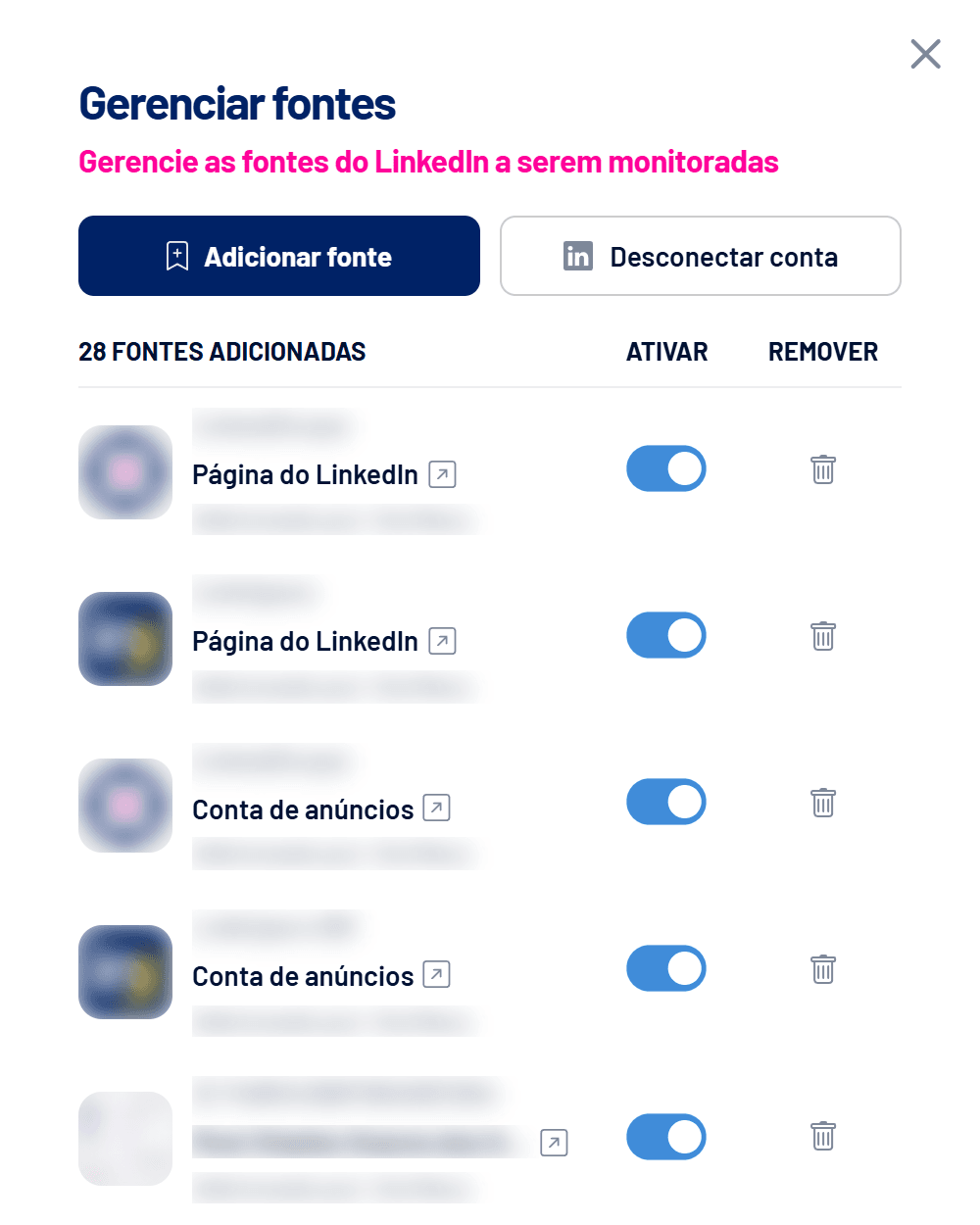 Janela Gerenciar fontes com páginas, contas de anúncios e posts monitorados (nomes ocultos)