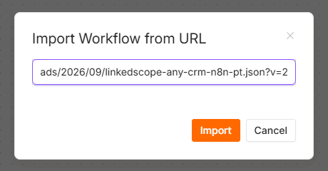 Janela Import Workflow from URL do n8n com o link do template