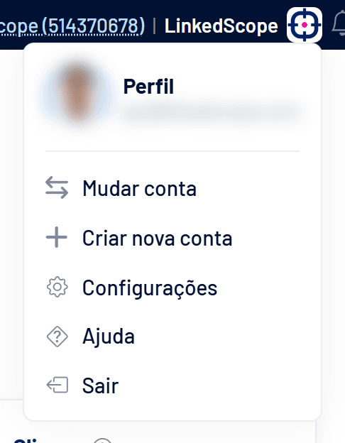 Menu do perfil no canto superior direito