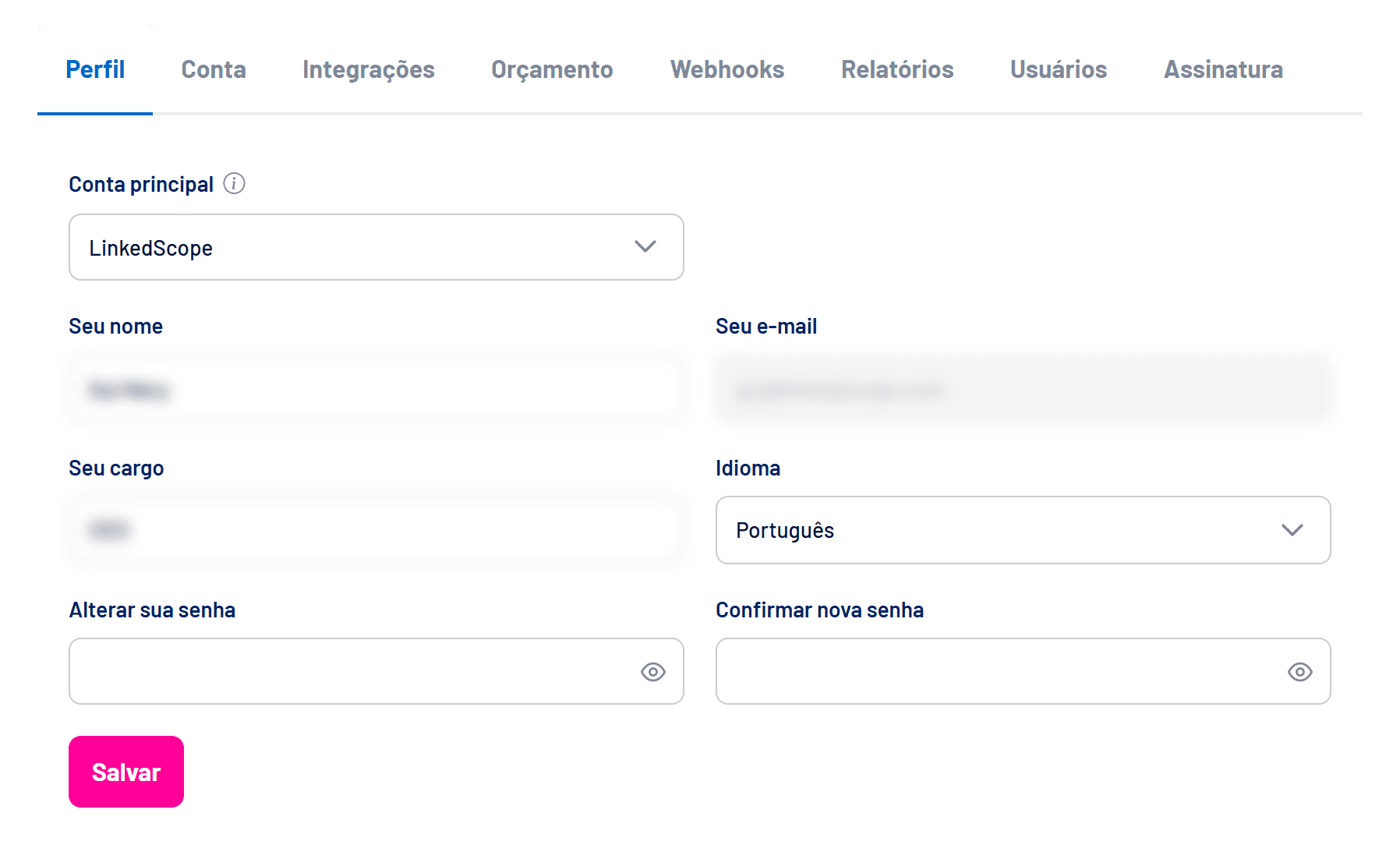 Aba Perfil em Configurações