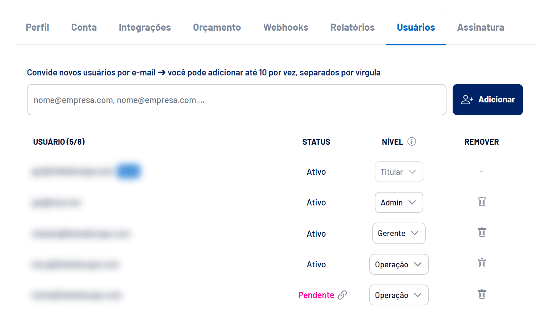 Aba Usuários com convites, status e níveis de acesso (e-mails ocultos)