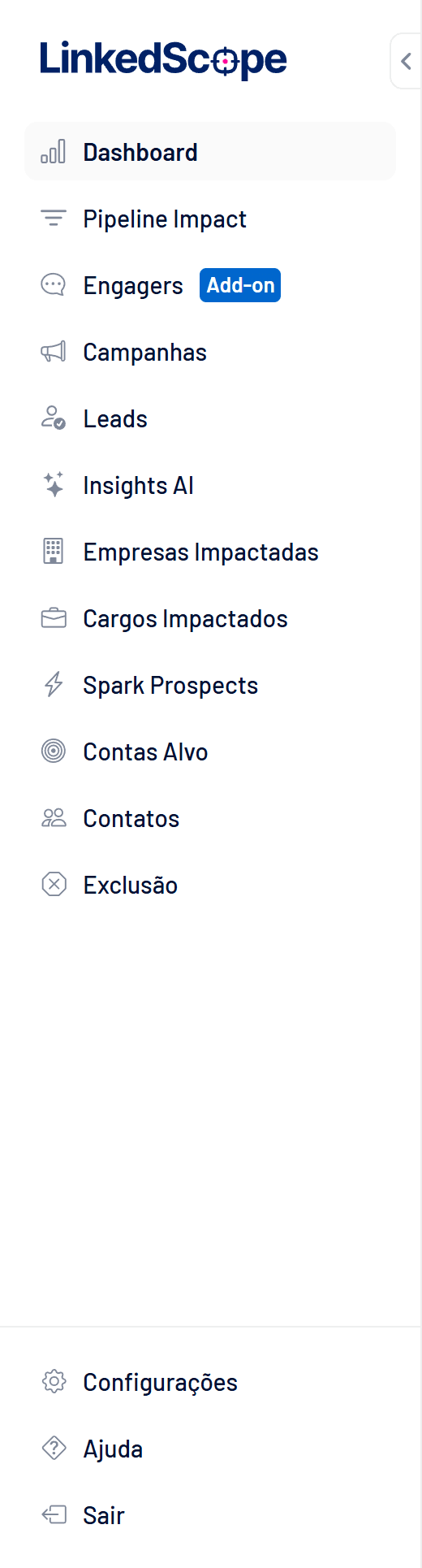 Menu lateral do LinkedScope com todos os módulos