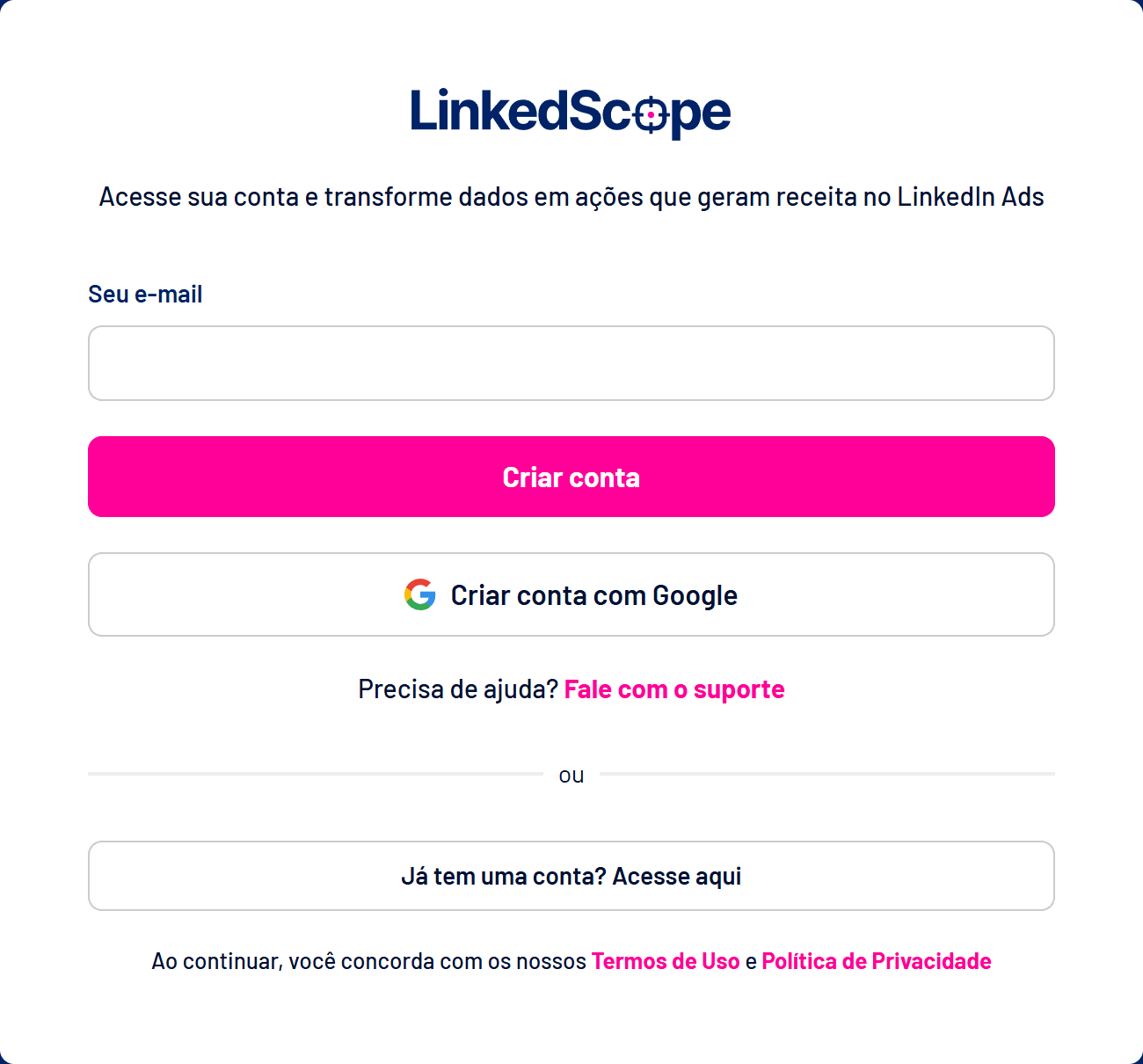 Tela de criação de conta do LinkedScope