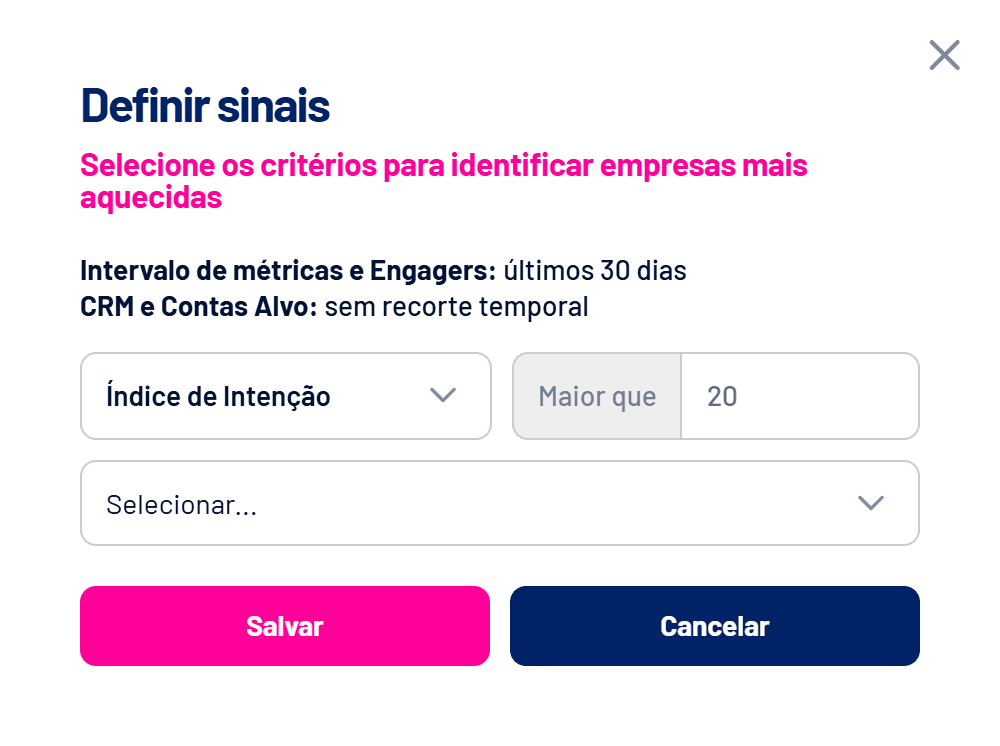 Janela Definir sinais do Spark Prospects com o sinal padrão Índice de Intenção maior que 20