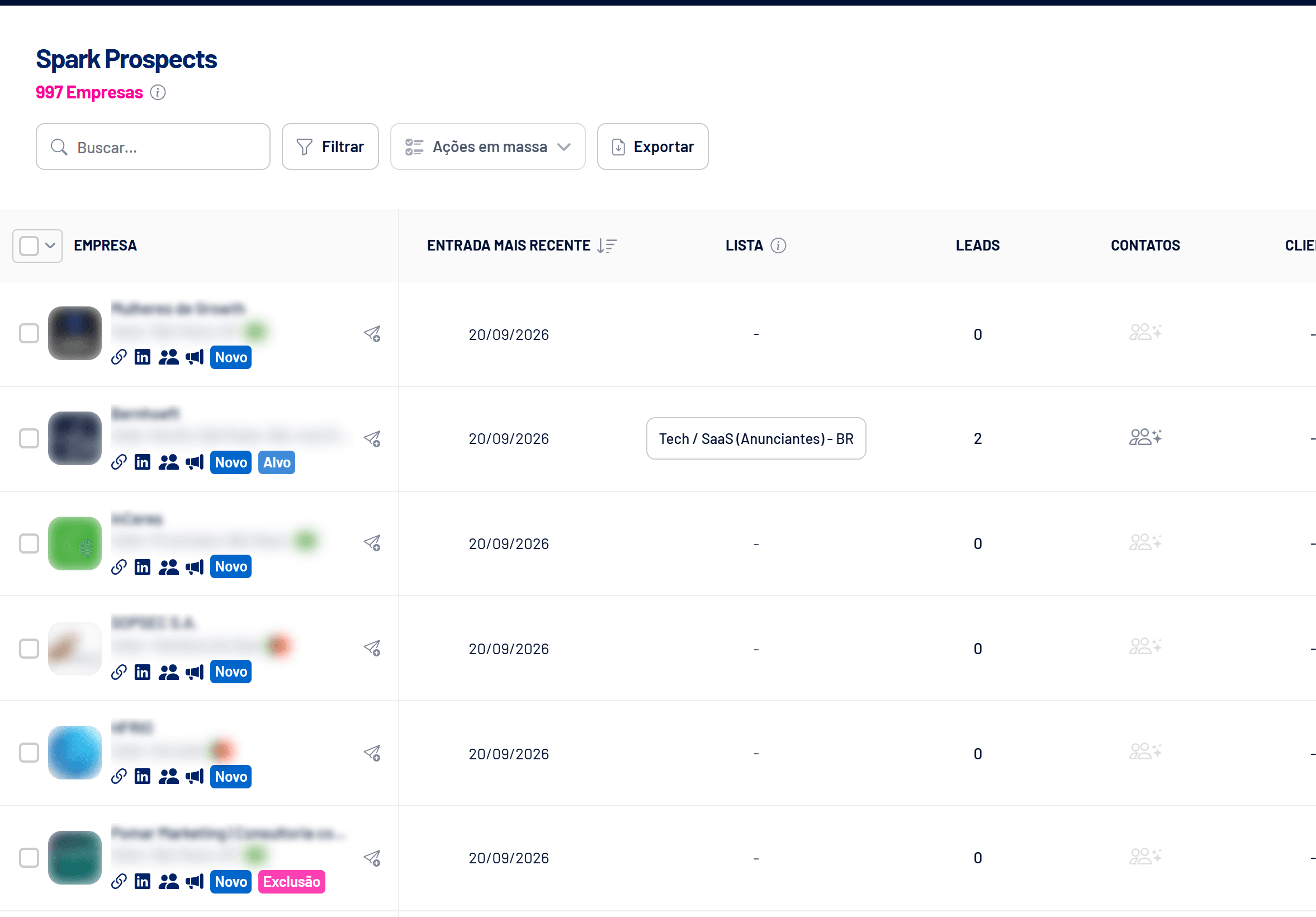 Tela Spark Prospects com entrada mais recente e listas (nomes ocultos)