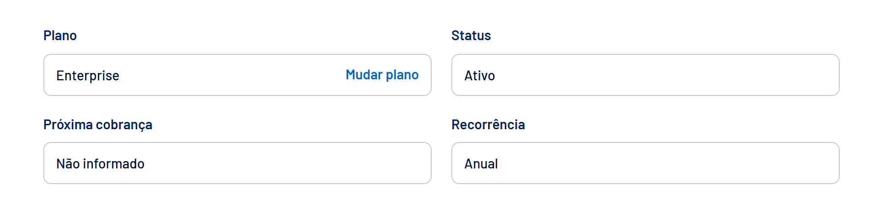 Aba Assinatura com plano, status, próxima cobrança e recorrência