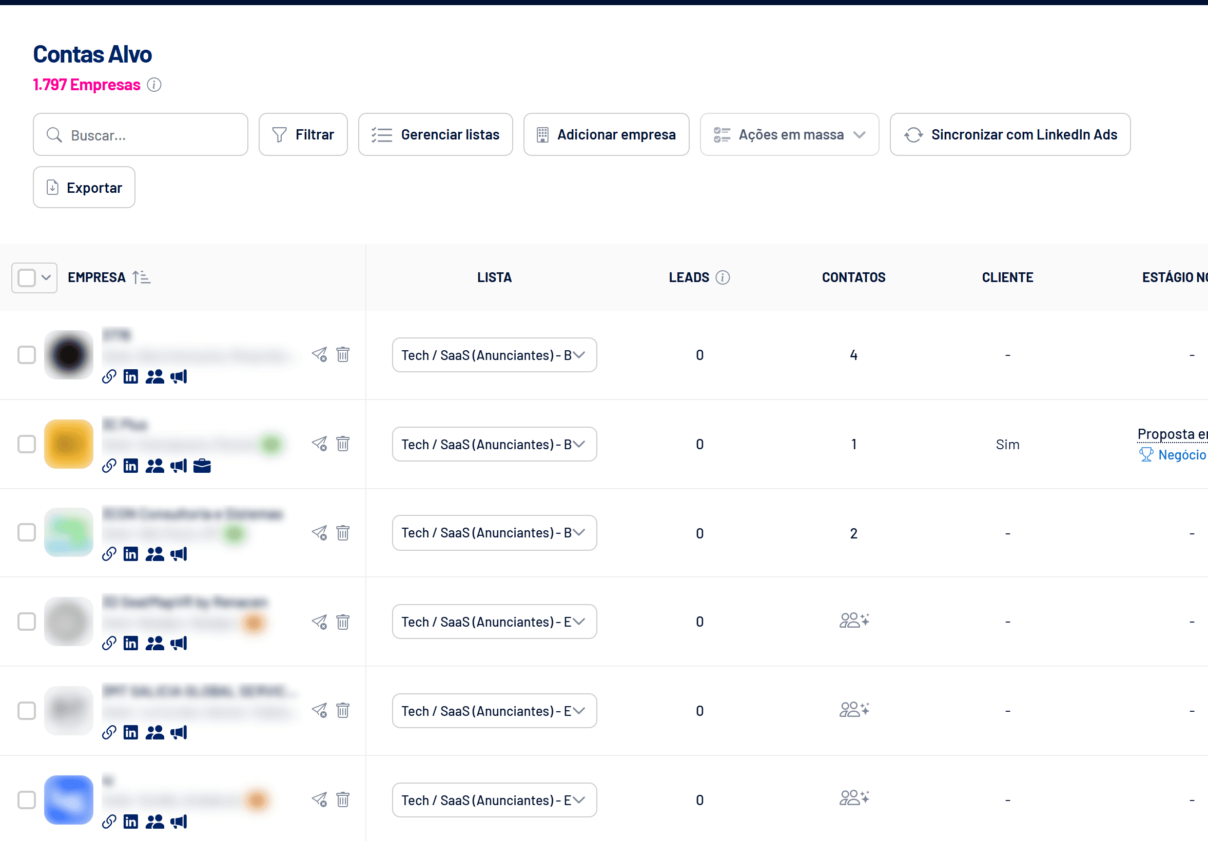 Tela Contas Alvo com listas, leads, contatos e CRM (nomes ocultos)