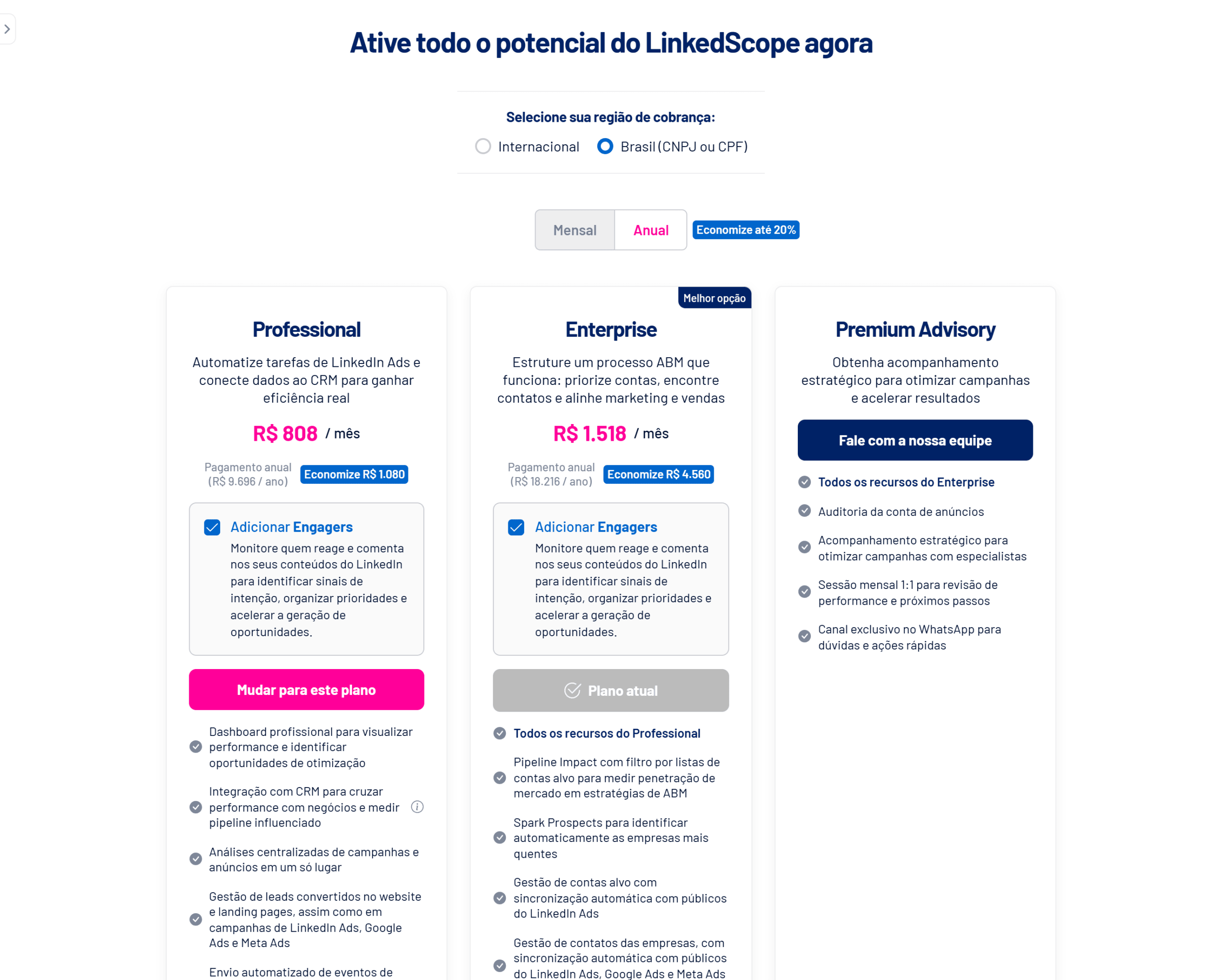 Tela de planos com região de cobrança, recorrência e o add-on Engagers