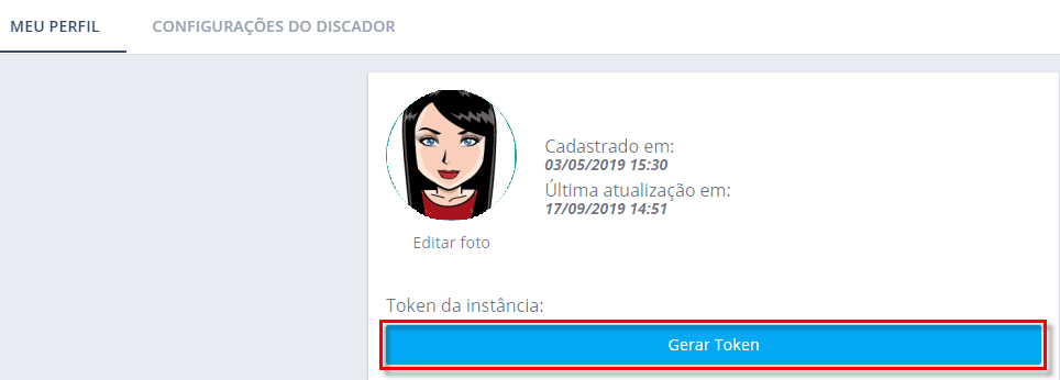 Botón Gerar Token (Generar token) en el perfil de RD Station CRM