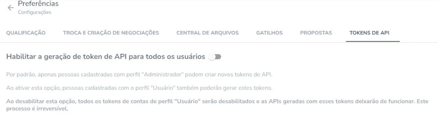 Pestaña Tokens de API en las preferencias de RD Station CRM