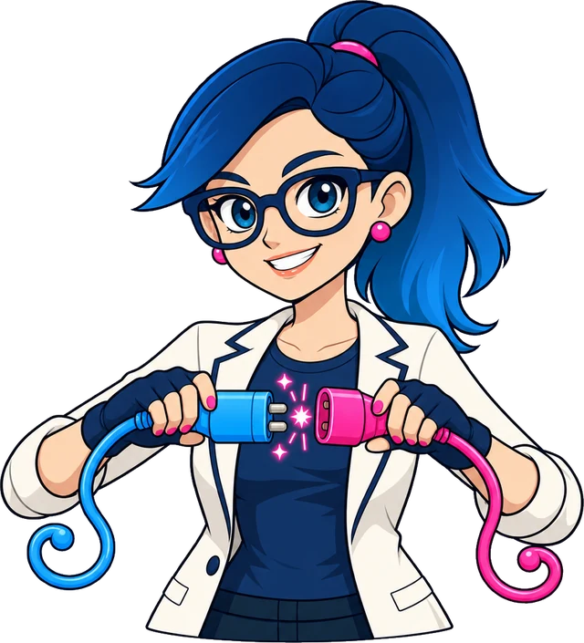Linka, mascote do LinkedScope, conectando dois plugues