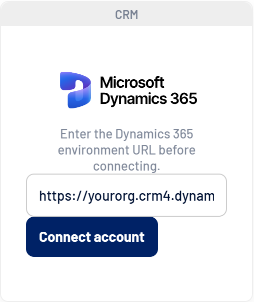 Microsoft Dynamics 365 card on the Integrations tab, with the environment URL