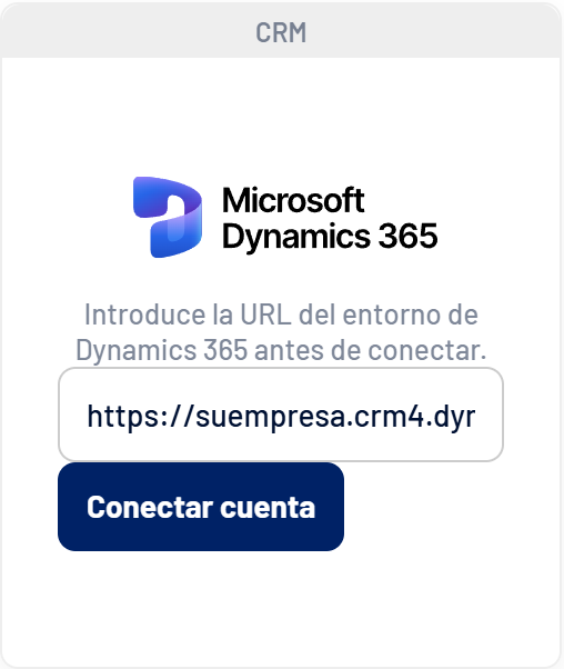 Tarjeta de Microsoft Dynamics 365 en la pestaña Integraciones, con la URL del entorno
