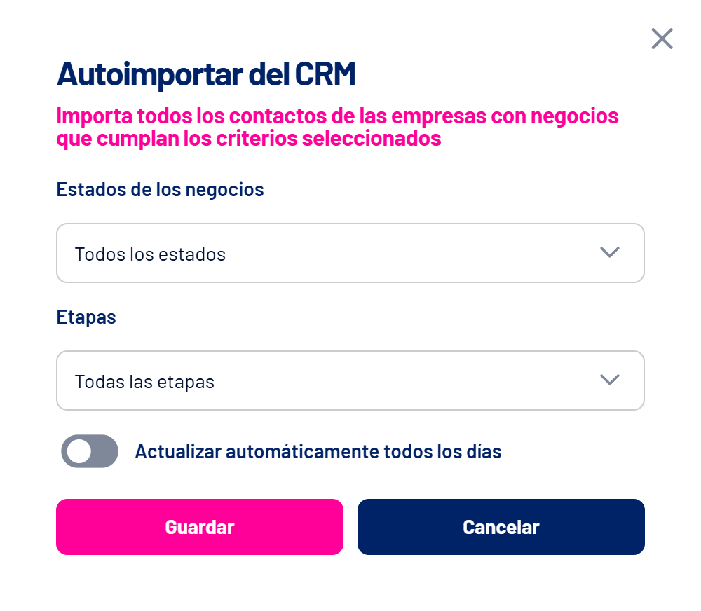 Ventana Autoimportar del CRM con estados, etapas y actualización diaria