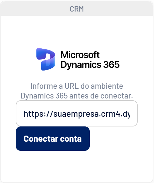 Card do Microsoft Dynamics 365 na aba Integrações, com a URL do ambiente
