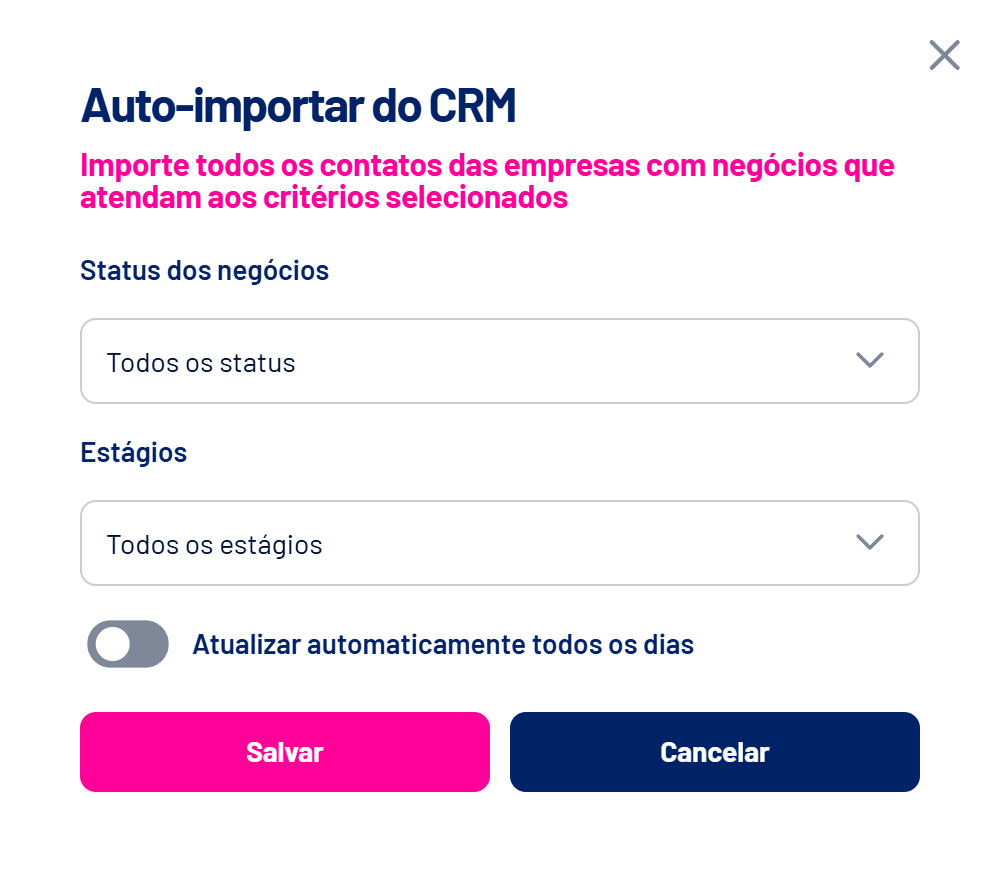 Janela Auto-importar do CRM com status, estágios e atualização diária