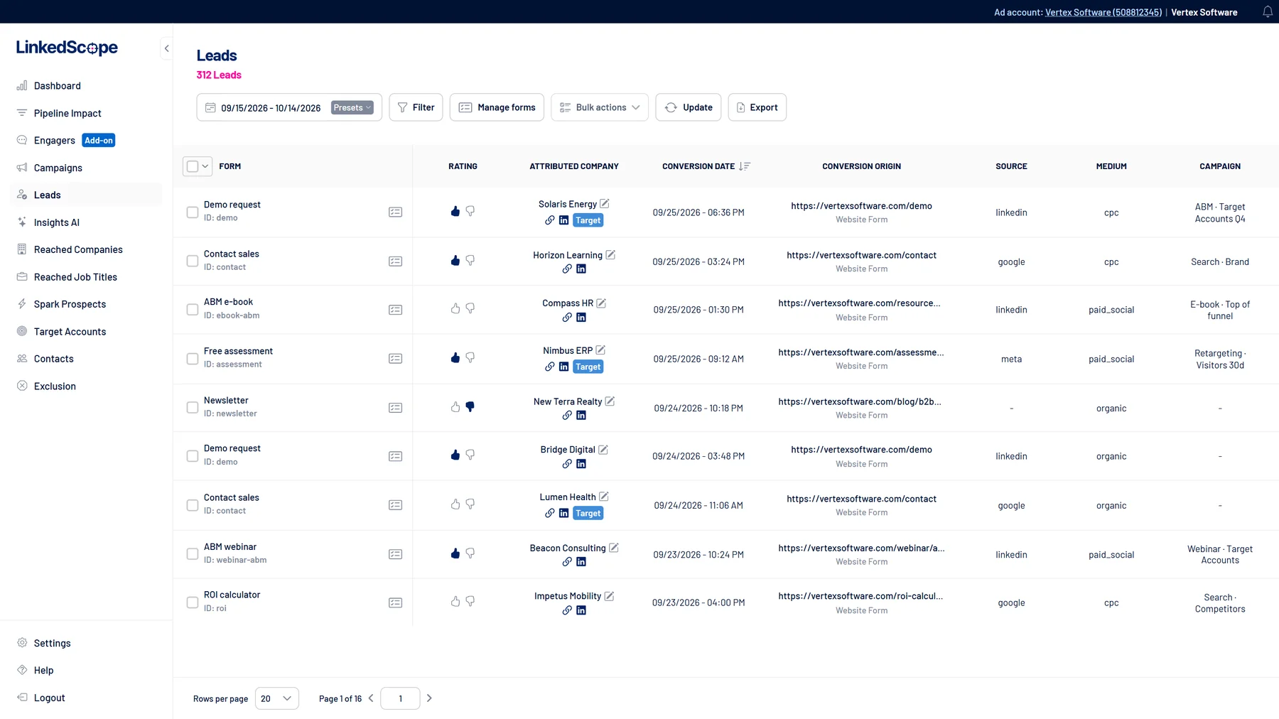 Leads screen with source, attributed company and rating (sample data)